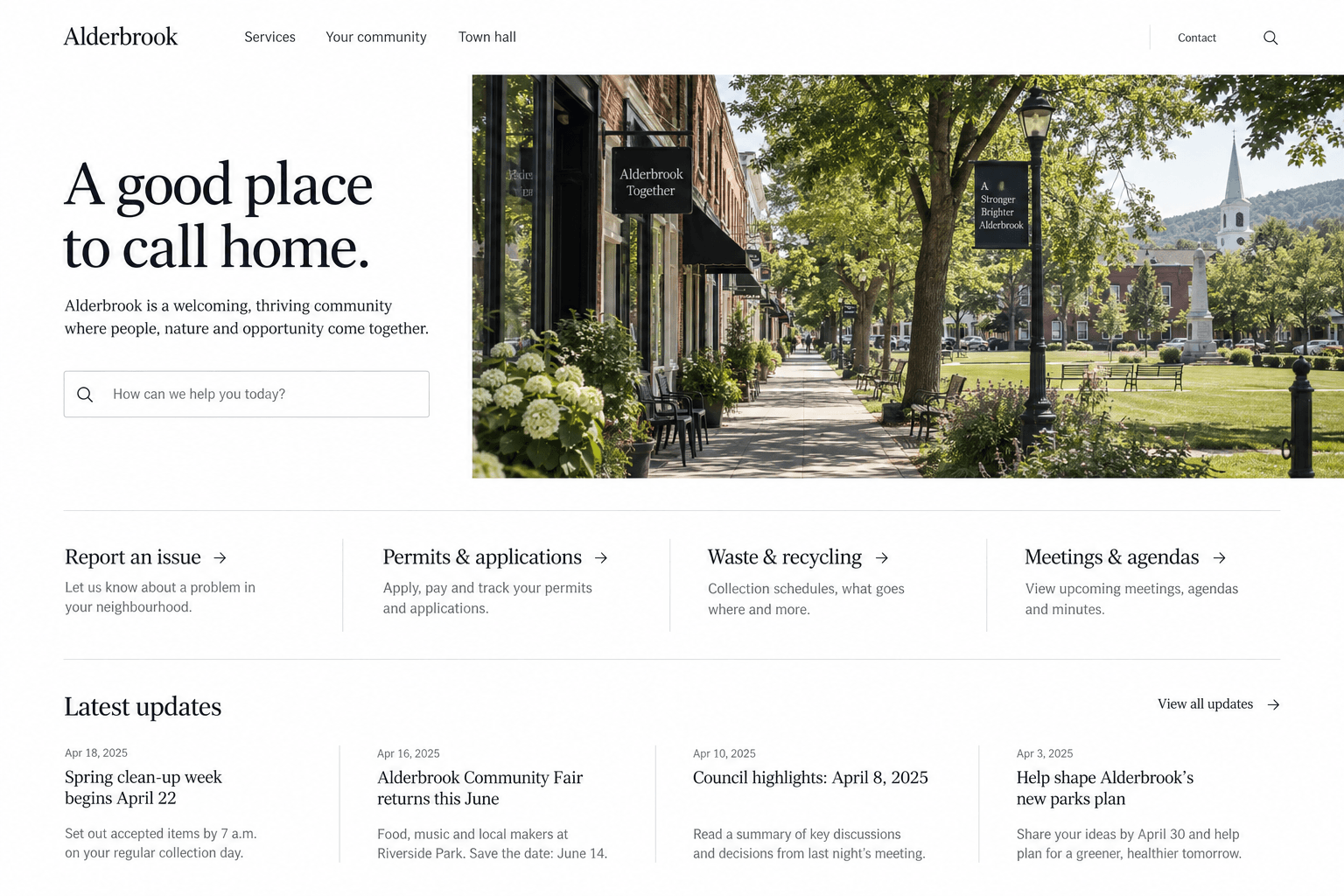 Alderbrook website with community photography and direct links to resident services