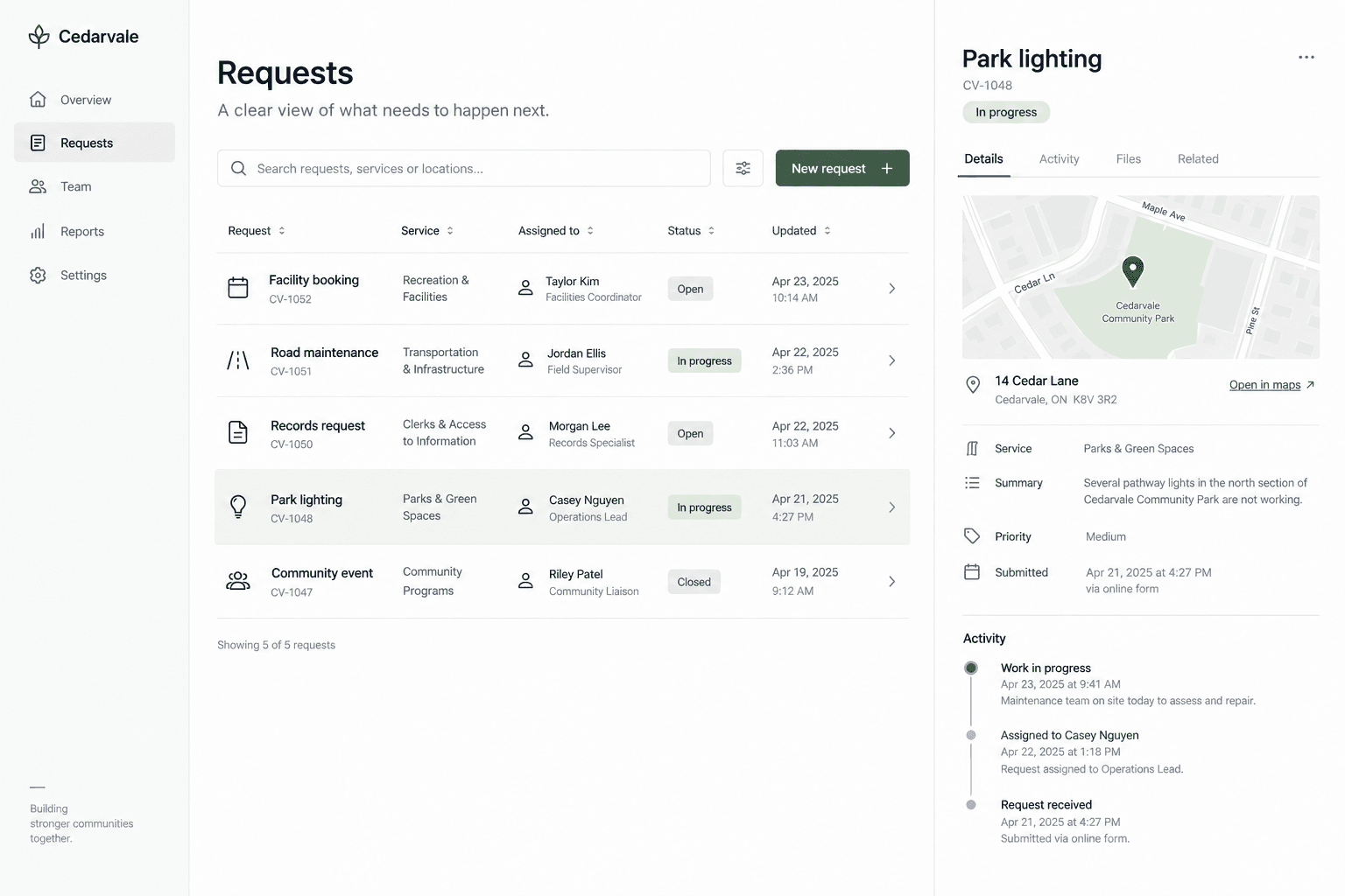 Cedarvale request workspace with a shared queue, assignment details, and activity history