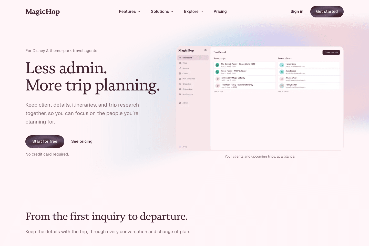 MagicHop homepage introducing its travel planning workspace with a preview of trips and clients