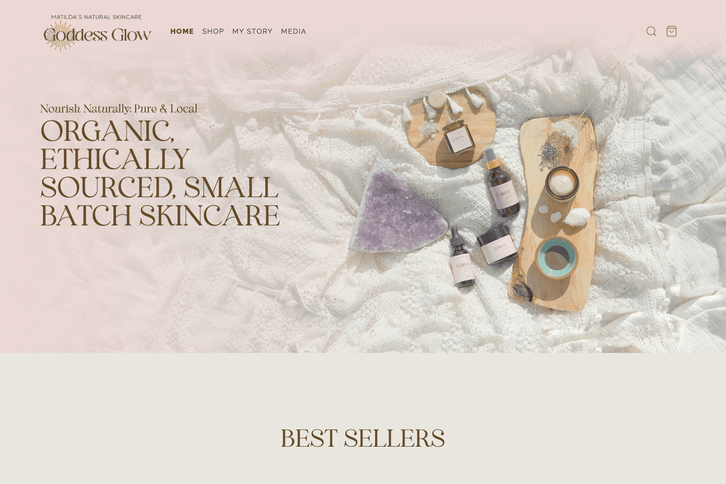 Matilda’s Natural Skincare homepage featuring Goddess Glow skincare and its product collection