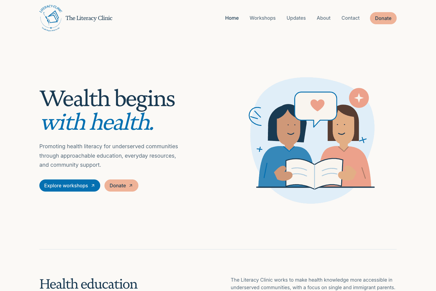The Literacy Clinic website in progress, introducing its health education mission and community workshops